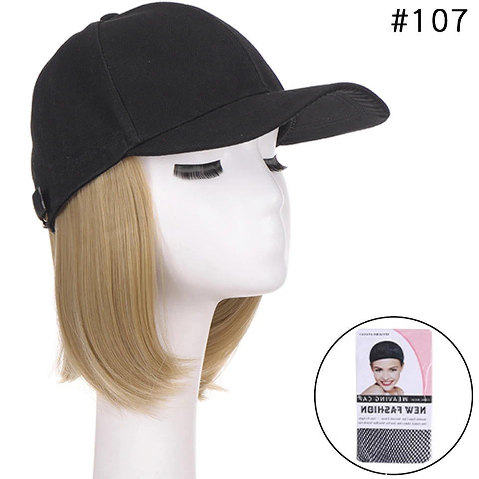 Synthetic Adjustable Black Hat Wigs Short Bob Straight Baseball Cap Wig Seamless Connection Hair Extensions for Women