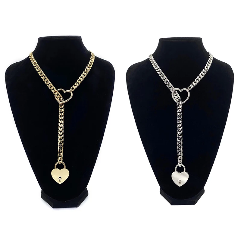 Fashion Womens Slip Chain Necklace Heart O-Ring Rock Cuban Long Necklace Adjustable Heart Shaped Lock Core With Key 2024 New