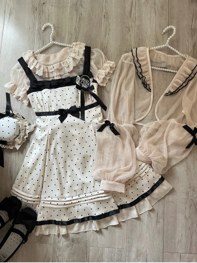 

Summer Kawaii Polka Dot 2-piece Set Women Bow Cute Mini Dress + Solid Short Cardigan Daily Elegant Lolita Dress Sets 2025 New