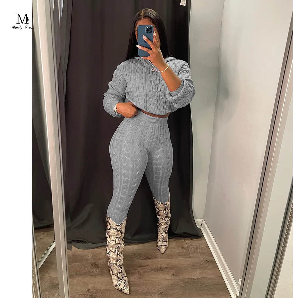 Fall Winter Women Knit Sweater Matching Sets Skinny Hoodies and Pants Clothing Casual Loungewear 2 Two Piece Outfits