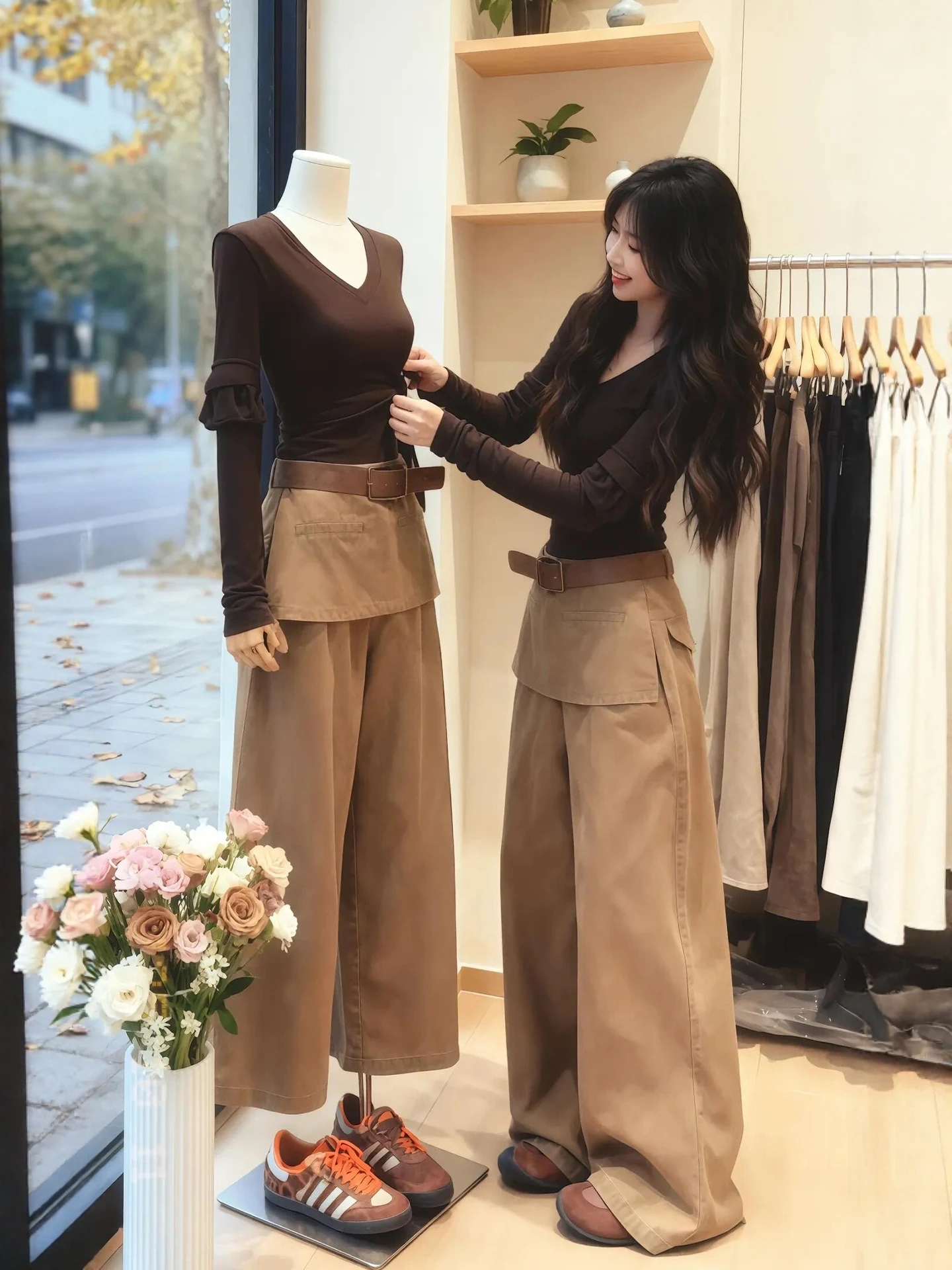 

Spring Vintage plus Size Women's Long Sve T-irt And Wide Leg Pants Faion Set High Waist Warm Polyester Casual Wear