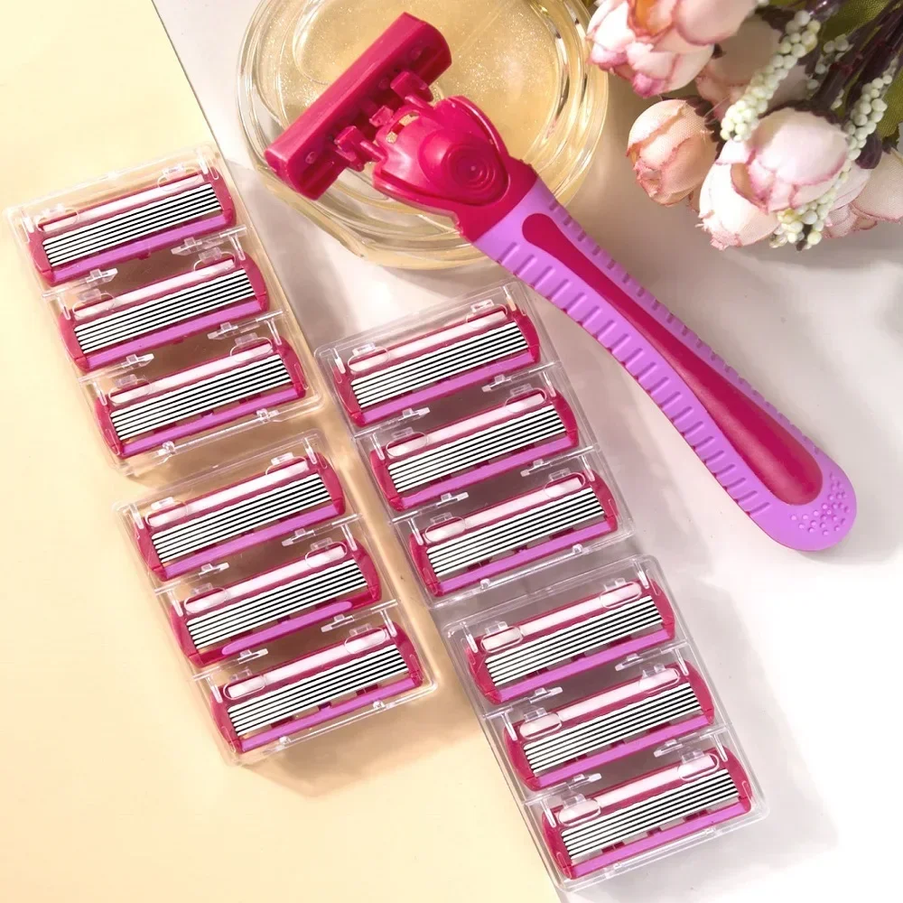 여성용 수동 안전 면도기, 6 레이어 스테인레스 스틸 제모 면도날, 교체 가능한 면도기 헤드, 핸들 1 개, 블레이드 12 개