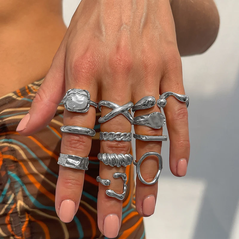 12 unids/set Punk Vintage geométrico anillos abiertos para mujeres exagerados Irregular Color plata conjuntos de anillos nudillos joyería