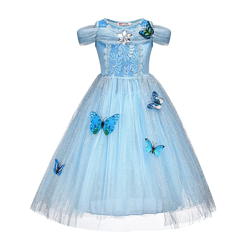 Fairy Tale Glass Slipper Cinderella Dress with Butterflies Girl Pageant Princess Costume Frock Children Carnival Party Ball Gown