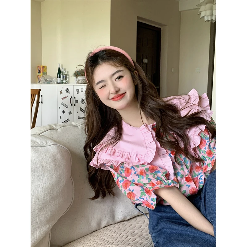 Vintage Sweet Floral Shirts Women Korean Print Puff Short Sleeve Blouses Summer Japanese Kawaii Peter Pan Collar Chic Tops New