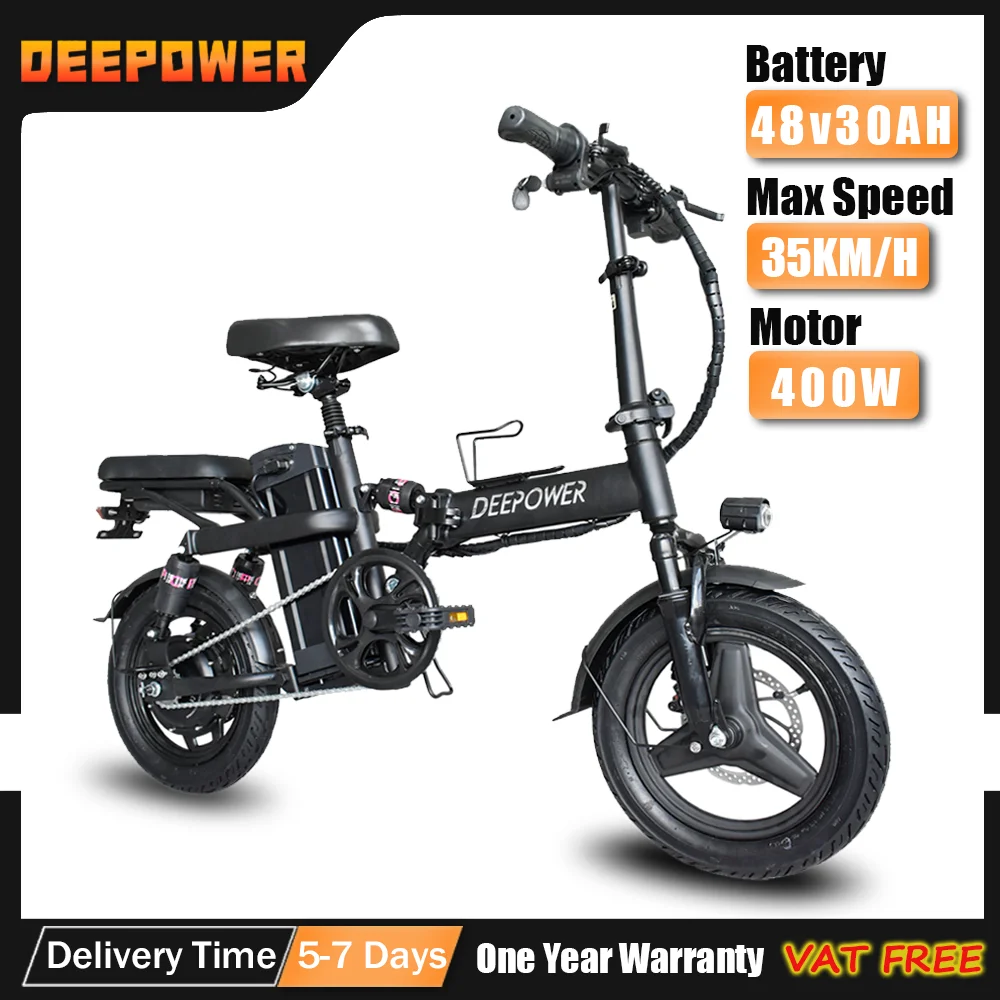 DEEPOWER Folding Mini Ebike 400W 48V 30AH Removable Battery Multi-Shock Absorption 14-inch fat tyre  Electric Bicycle for Adults