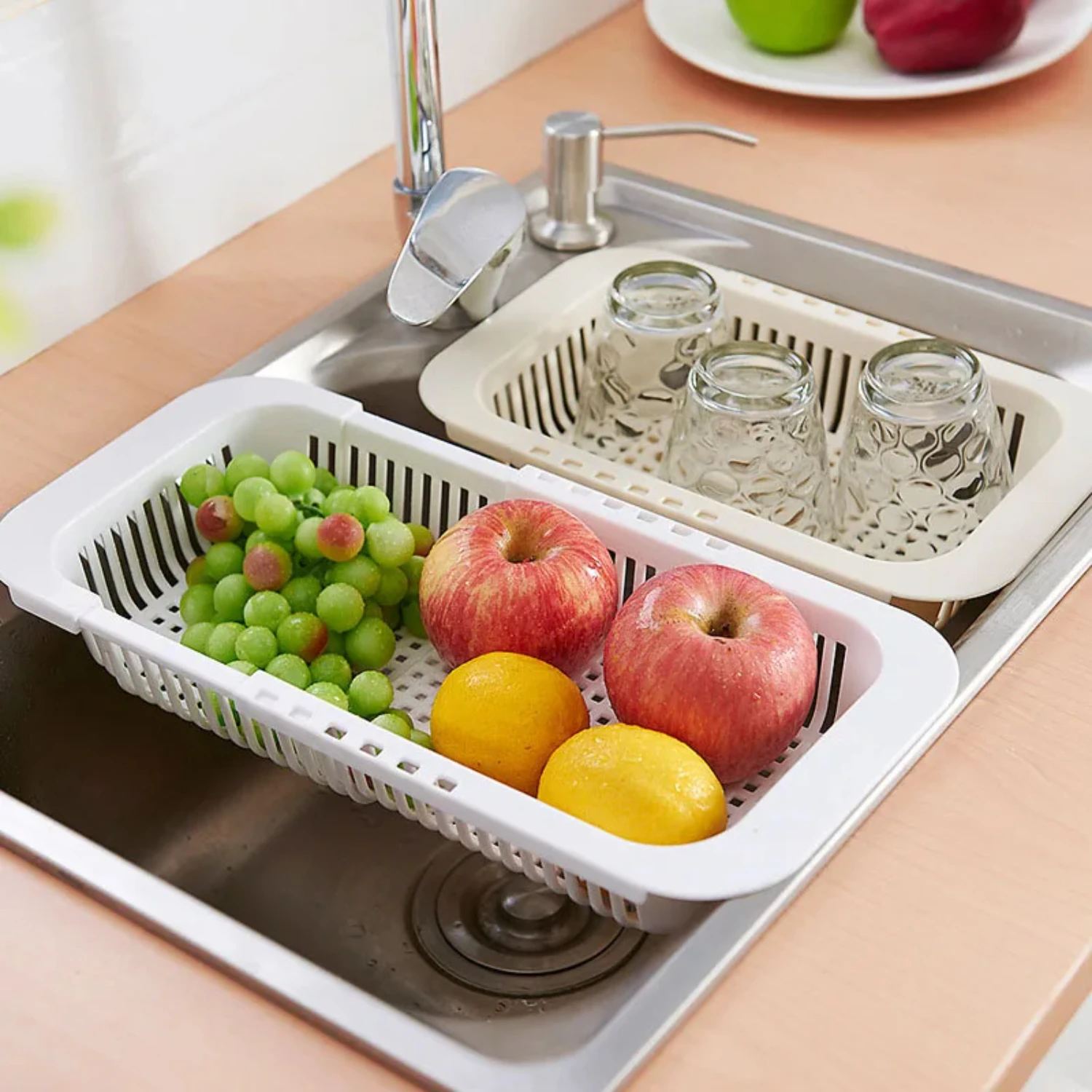 Nordic Multifunctional Plastic Dish Rack Retractable Sink Drain Rack Kitchen Fruit Storage Basket Home Organizer