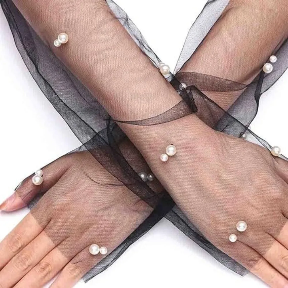 Nowe Siateczkowe Rękawiczki Ślubne z Perłami Długie Rękawiczki Ślubne Bankietowe Rękawiczki na Imprezę