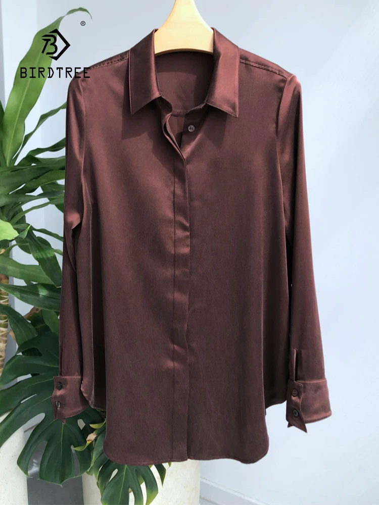 

BirdTree-20 MM 100% Silk Elegant Shirt, Long Sleeve Solid, Women Temperament Commute Loose Satin Blouse, 2025 Autumn T59329CC