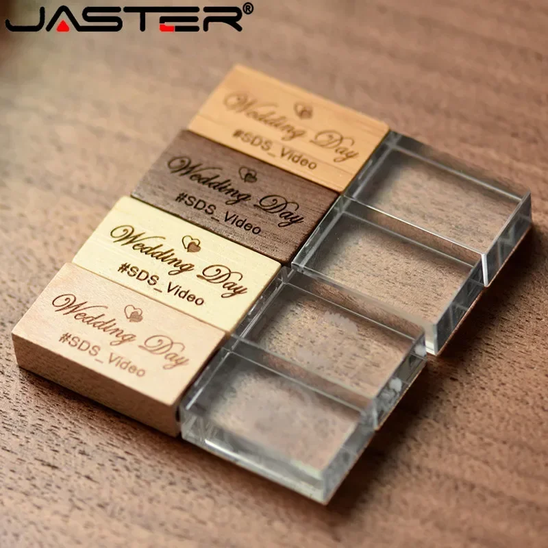 Crystal USB Flash Drives 128GB Free Custom Logo Memory Stick Photography Wedding Gift Pen Drive 64GB Wooden Box Pendrive 32GB