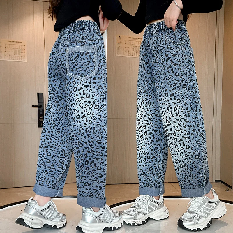 

New Kids Design Autumn Regular Fit Blue Leopard Print Jeans for Child Girls Elegant Distressed Denim Pants y2k Harajuku Trousers