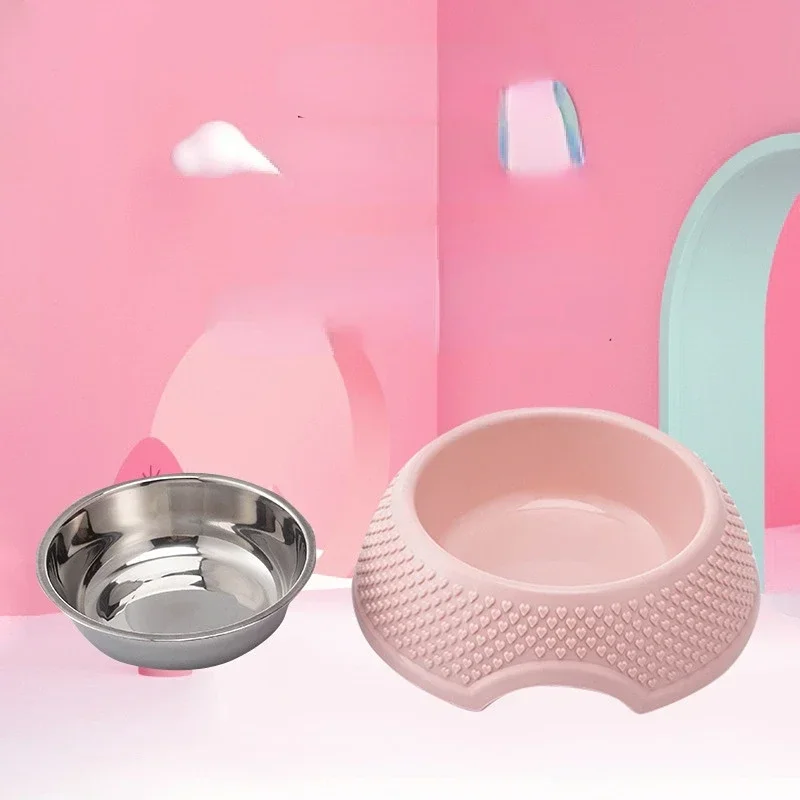 Dog Feeding Bowl Pet Tableware Drinking Dish Stainless Steel Sealed Dog Bowl Pink Green Blue Cat Bowls With Heart-Shaped Pattern