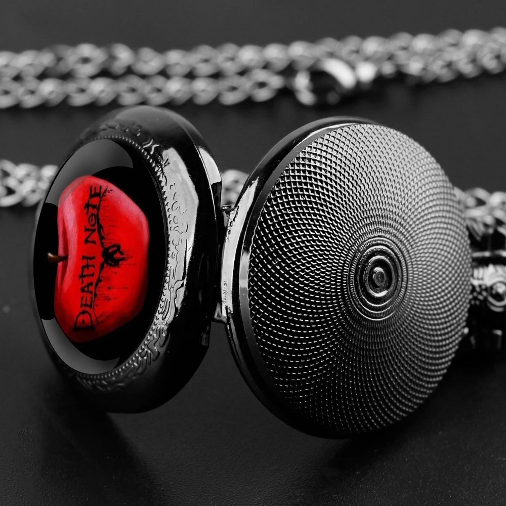 Apple Death Note Glass Dome Black Quartz Pocket Watch with Arabic Numerals Dial and Durable Chain Retro Gift for Men Women