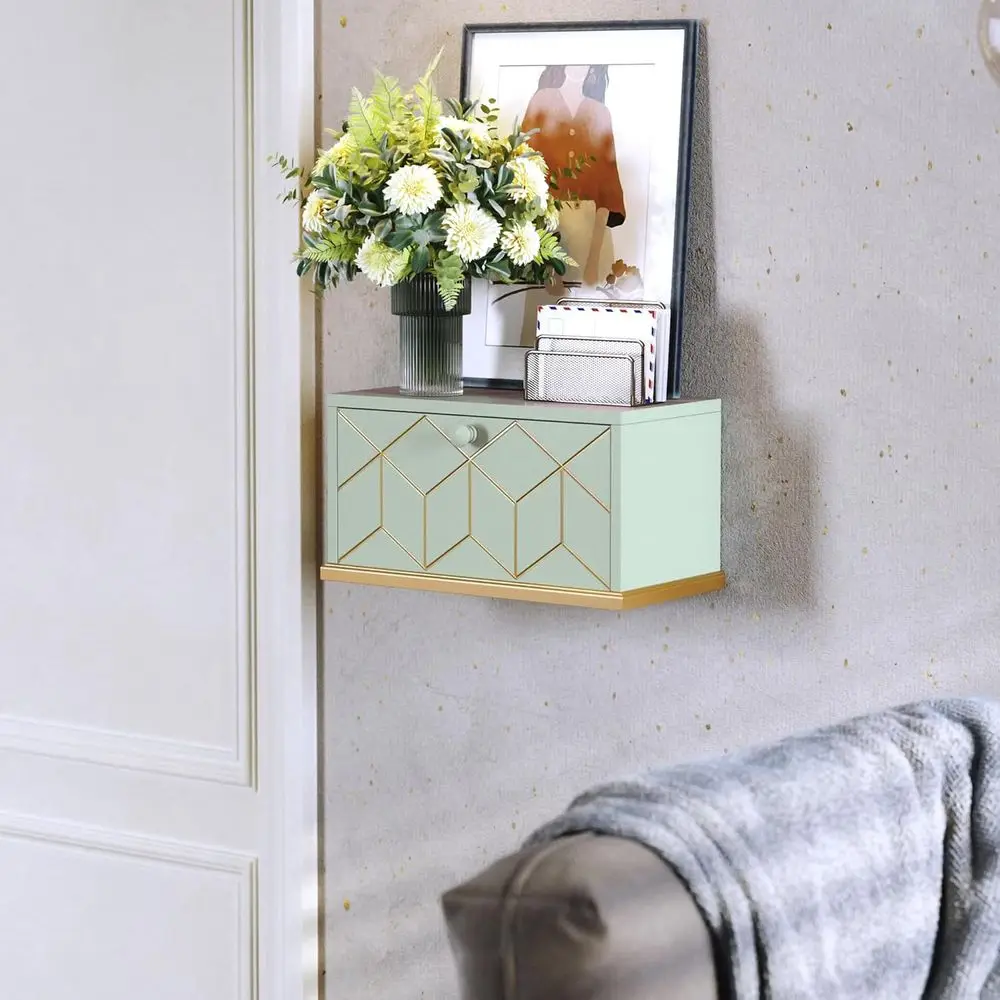 Compact Green Wall-Mounted Floating Nightstand with Sliding Door for Modern Bedrooms