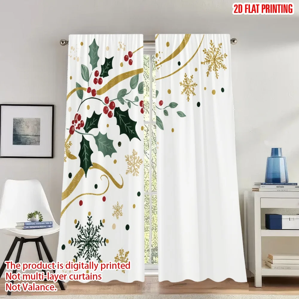 

2pcs 2D flat printing Christmas Classic Hot Curtains Christmas Holly Snowflakes Golden Digital Printed Polyester Drapes Spring