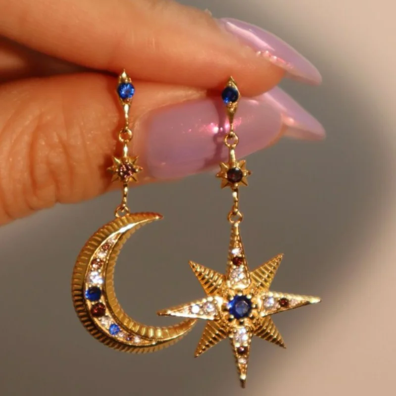 Retro Asymmetrical Earrings with Moon Hexagram Star Inlay Zirconia Earrings for Vacation Celebration Holiday for Men Women