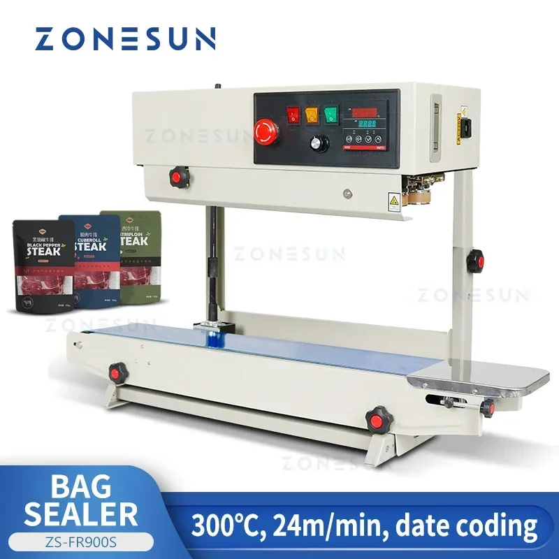 ZONESUN ZS-FR900S Automatic Continuous Band Sealer Vertical Plastic Foil Bag Sealing Machine With Embossing Date Code Printer