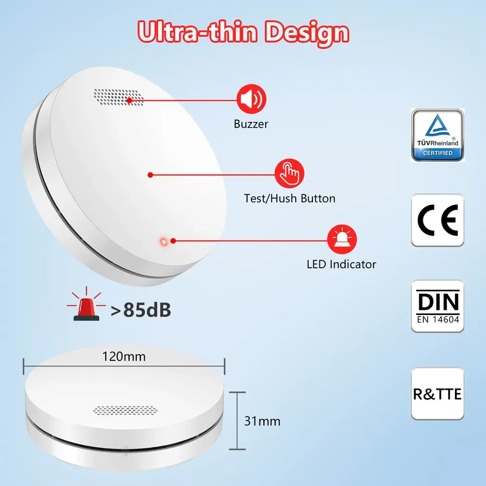 Standalone smoke detector, replaceable battery, TÜV-certified to DIN EN14604, 85 dB alarm tone, fire alarm with silent function