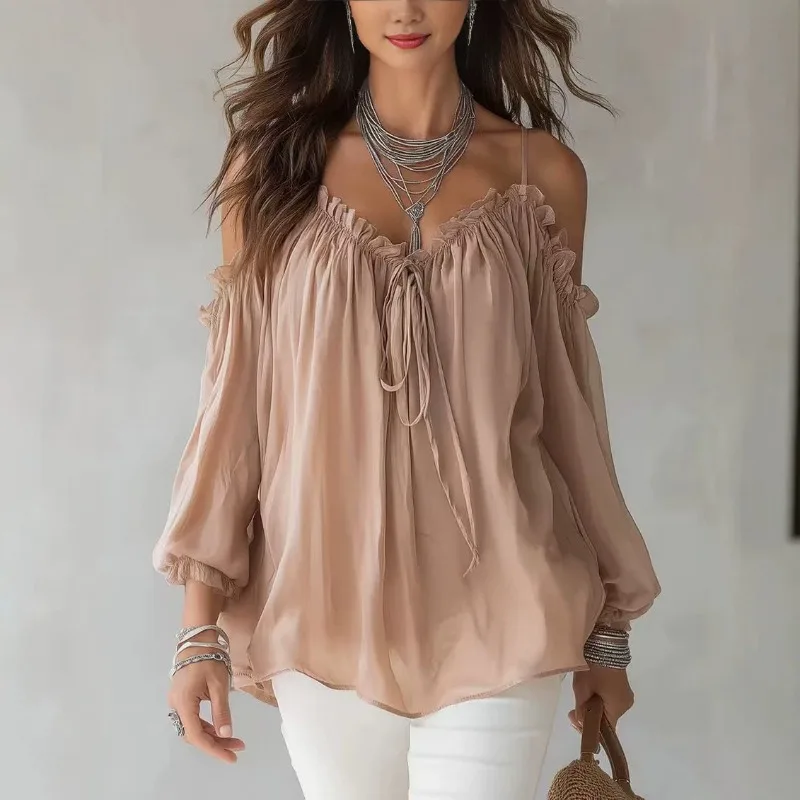 Lotus Leaf Collar Casual Halter Off-the-shoulder Lace-up Top Is A New Autumn Fashion Women's Shirt with An Elegant Stylish Look.
