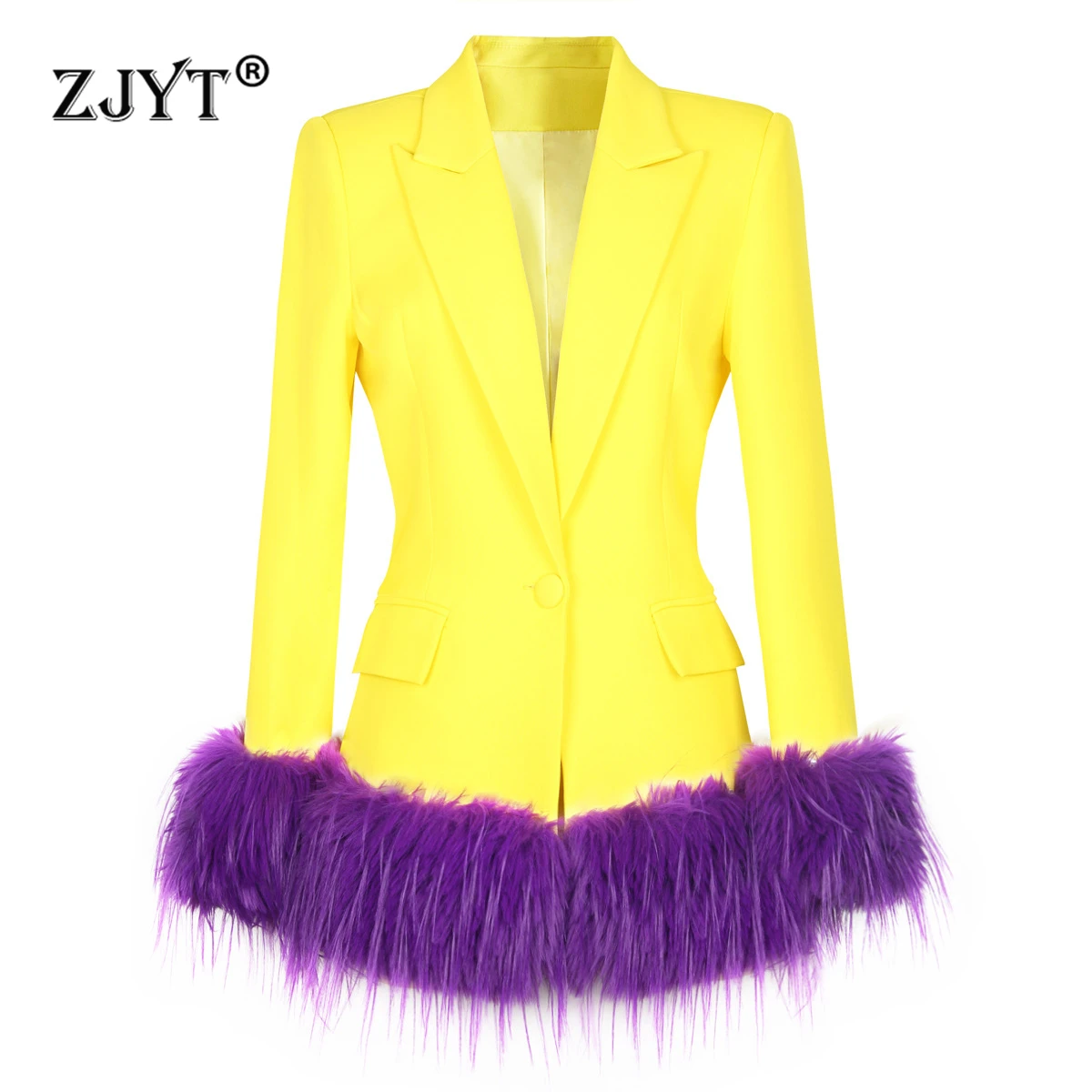 ZJYT Europe Fashion Fur Patchwork One Button Blazers for Women Spring 2025 Elegant Jacket Coat Plus Size Outerwears Veste Femme