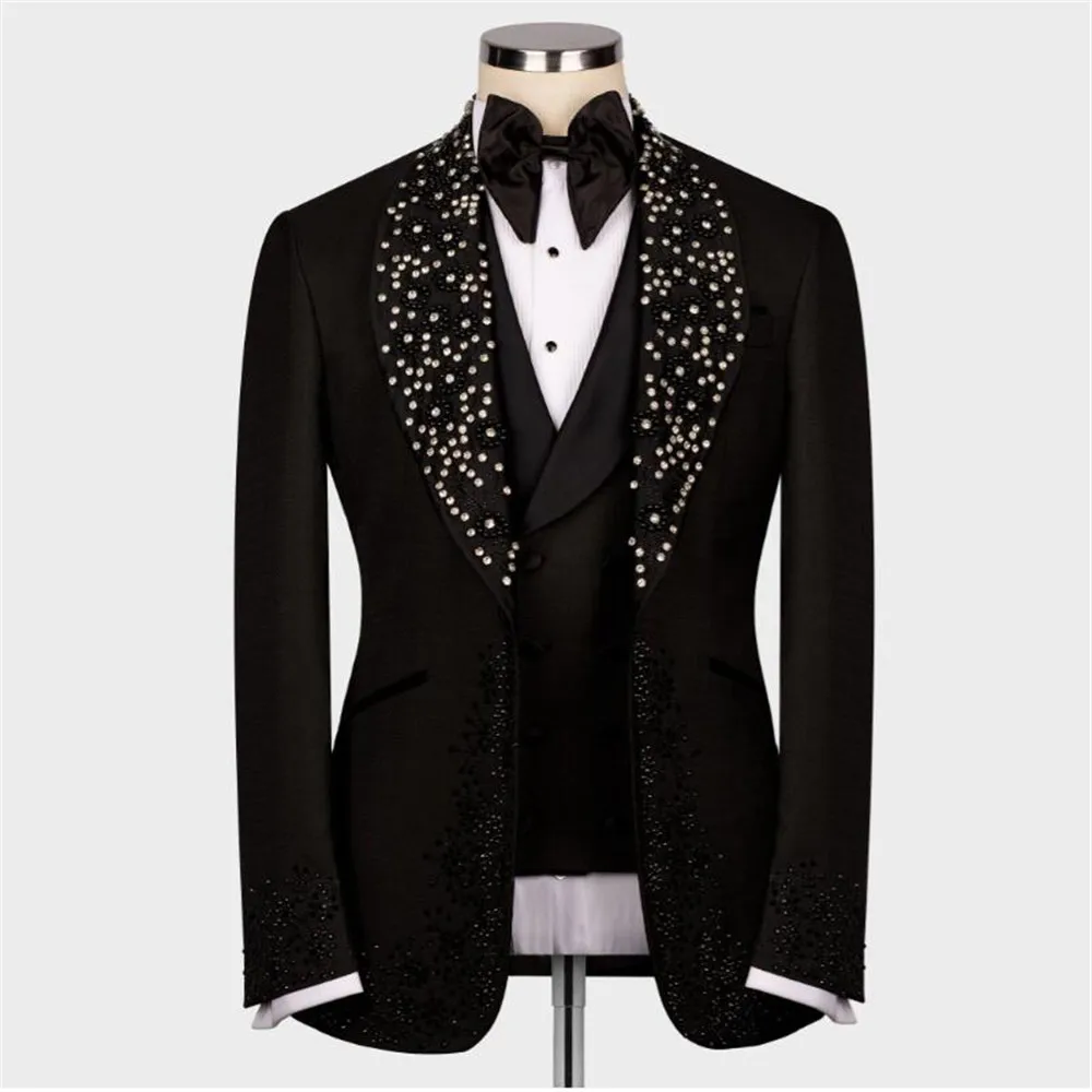 

Luxury Men's Wedding Suits Bespoke Crystals Beaded Jacket Vest Pants 3 Pieces Groom Tuxedo Man Party Prom Blazer Terno Masculino