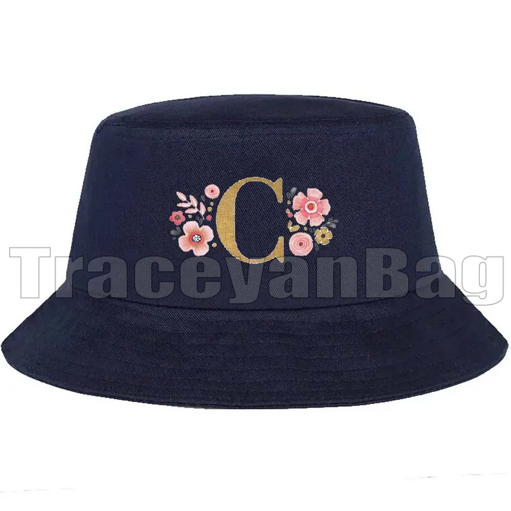 

Elegant Girly Pink Gold Floral Monogram Initial Letter Flower Roses Navy Unisex Bucket Hats Men Women Sunscreen Fishermen Cap