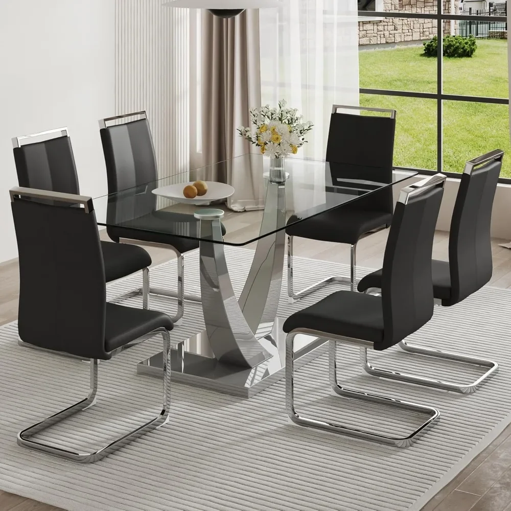 67'' 7-piece Glass Dining Table Set,Dining Table Set with Chairs, U-Shaped Metal Tables Legs, Tempered Glass Dining Table Set