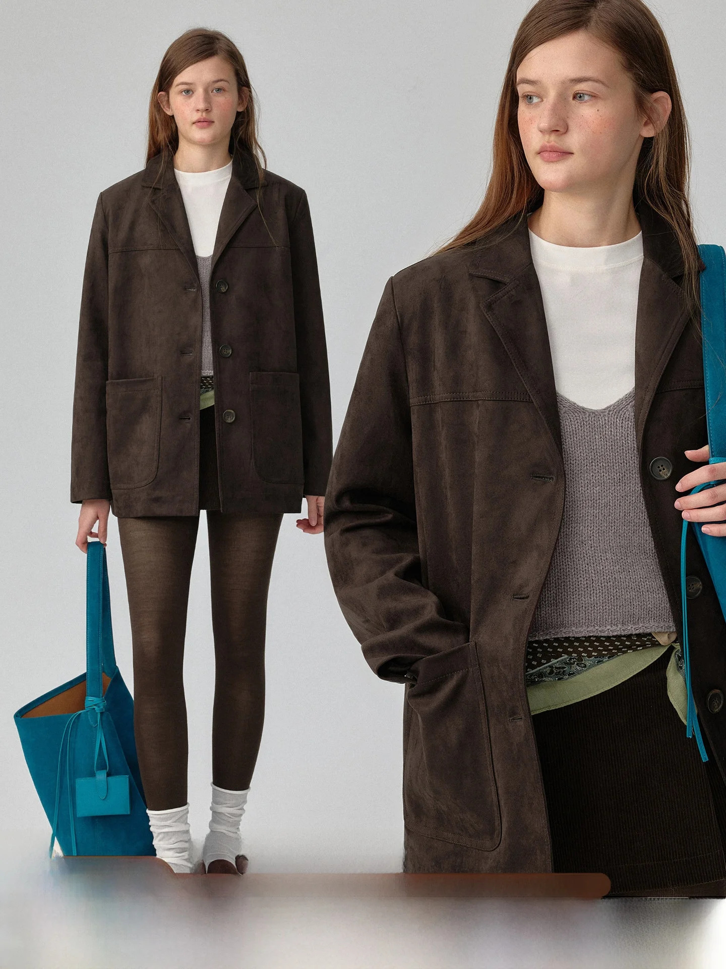  plus Suede Vest Coat Women's Shoulder Length Outerwear Tuck Pleat Brown Spring Fashion Warm Long Sleeve Suit Jacket