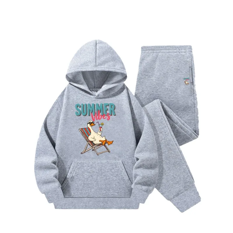 Children Cartoon Duck Print Hoodie Tracksuit 2Pcs Summer Vibes Hooded Sweatshirt+Sweatpants Boys Girls Casual Outfit Suit
