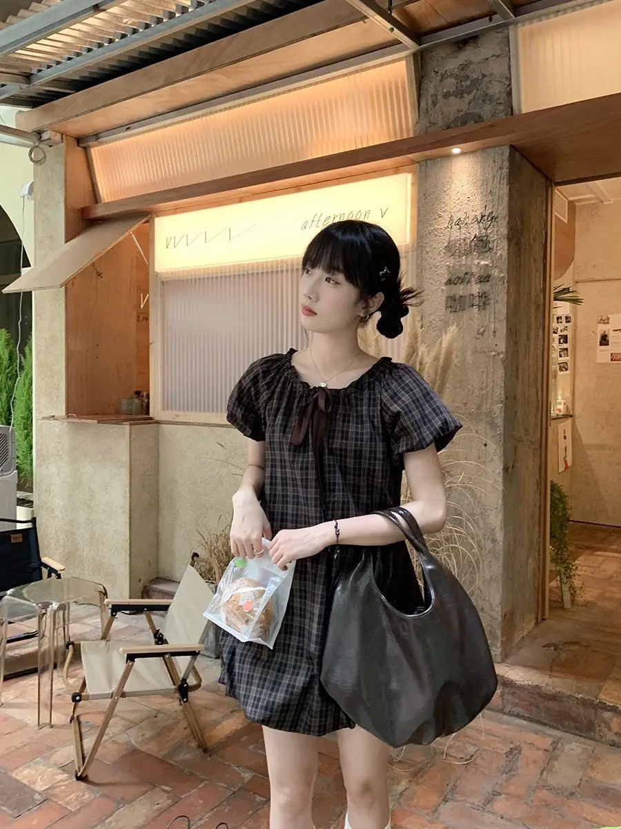 Nette Plaid Knospe Kleid Frauen 2025, Sommer Puff Sleeve Rundhals Krawatte Chic Kurze Kleider Japanischen Retro Süße Y2k Vestidos