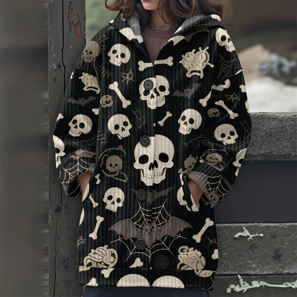 เสื้อสเวตเตอร์ลายฮาโลวีน เสื้อสเวตเตอร์ตัวยาว เสื้อผ้าลำลอง 2025 เสื้อสเวตเตอร์ลำลองผู้หญิงแบบใหม่ เสื้อสเวตเตอร์มีฮู้ดสำหรับงานเทศกาลและปาร์ตี้