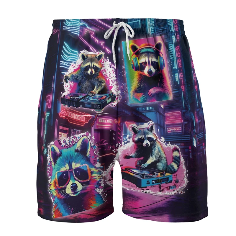 Cartoon Raccoon Graphic Beach Shorts For Men 2026 New Spring Summer Drawstring Short Pants 3d Printing Animal Swimming Trunks