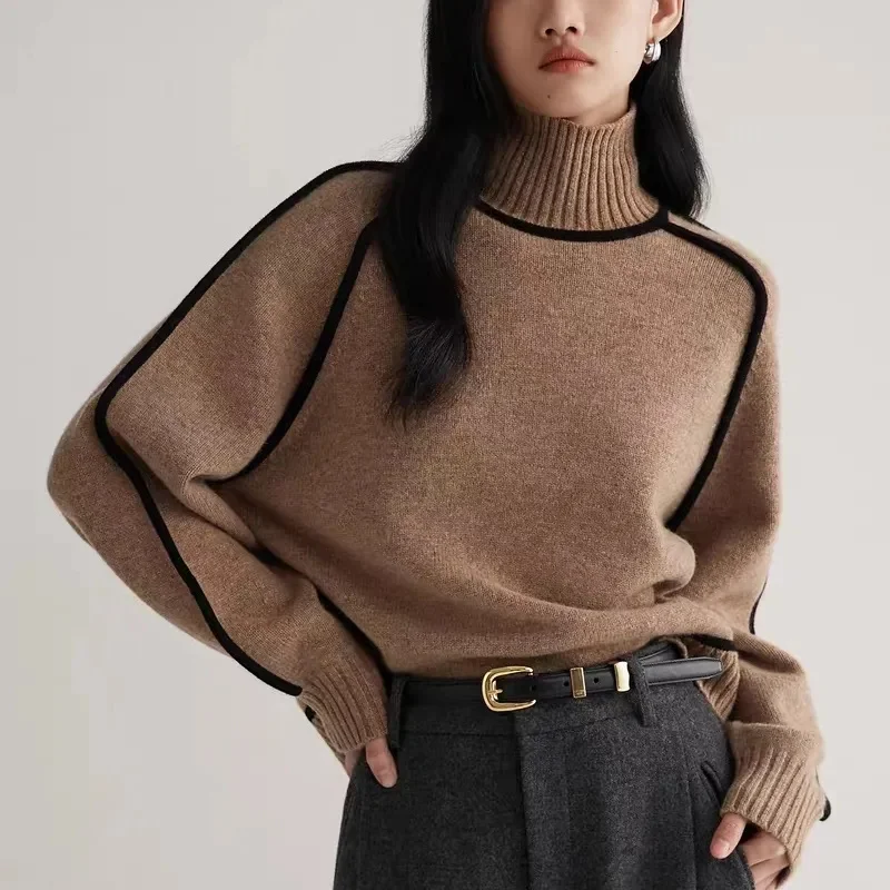 Three-dimensional Striped Slim Casual Loose Knit Top 2024 Autumn and Winter New Lazy Wind Turtle Neck Sweater Female