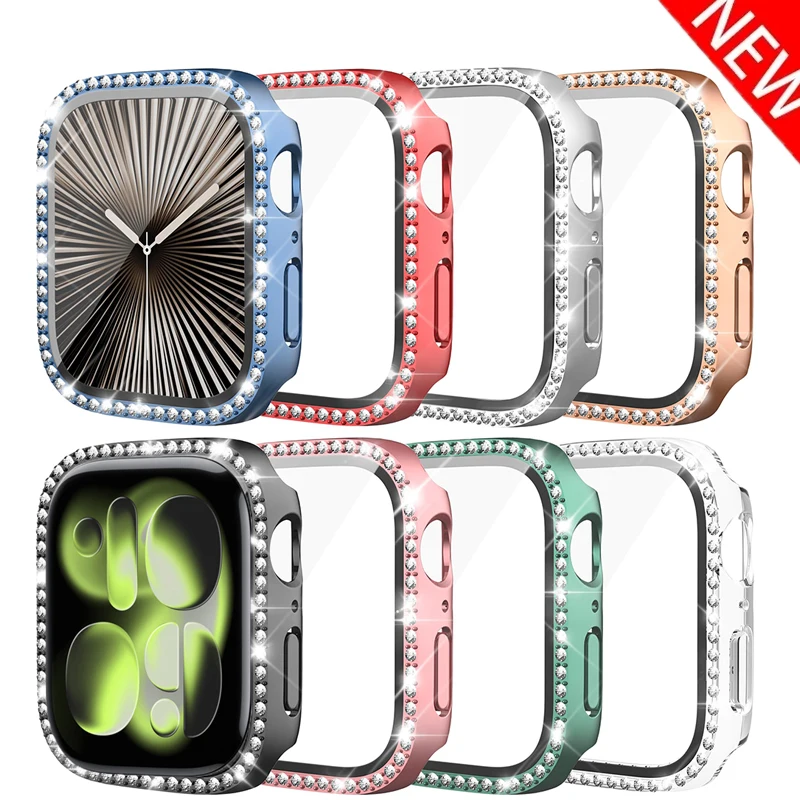 Стекло + алмазный чехол для Apple Watch, чехол 46 мм, 42 мм, 40 мм, 44 мм, 41 мм, 45 мм, блестящий защитный бампер iWatch Series 11-10 9 se 5 6 7 8