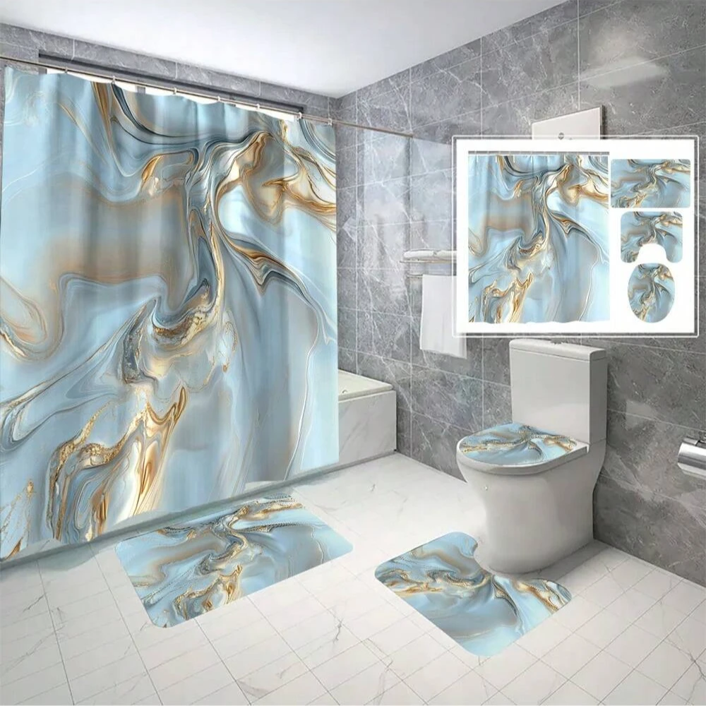 4pcs Set Gold Vein Marble Shower Curtain Toilet Seat Cover U-Shaped Mat  Bath Mat Waterproof Curtain Bathroom Accessories