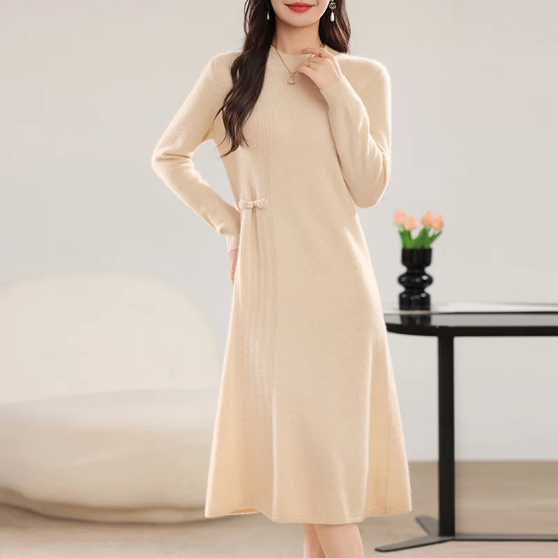 Robe longue boutonnée en laine mérinos pour femme, robe élégante, col rond, manches longues, tout à fait, chaud, automne, hiver, 100%, 2024