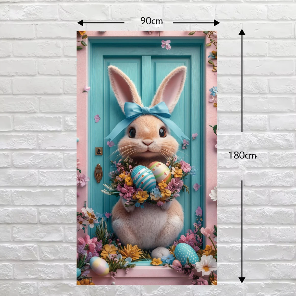 Happy Easter Door Cover Backdrop Spring Cute Bunny Eggs Flowers Green Grass Outdoor Indoor Home Decoration Door Cover Background