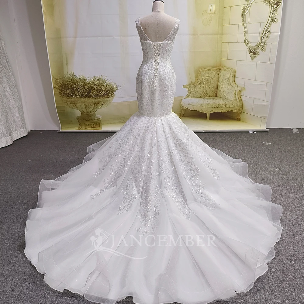 Vestidos De Novia brillantes De sirena De lujo personalizados, Vestido De Novia sin mangas con cuello en V, Vestido De Novia con cuentas De princesa con purpurina