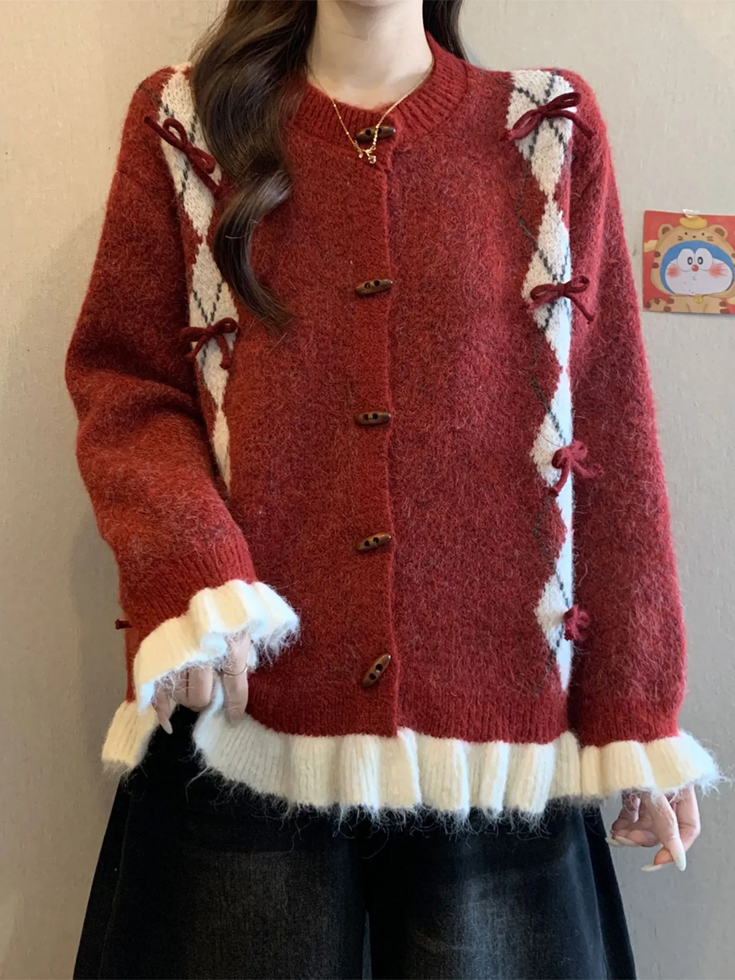 

Red Bow Knot Long Sve вязаный свитер пальто женский зимний плюс размер дизайн Sense ретро рог топ на пуговицах повседневный свободный крой