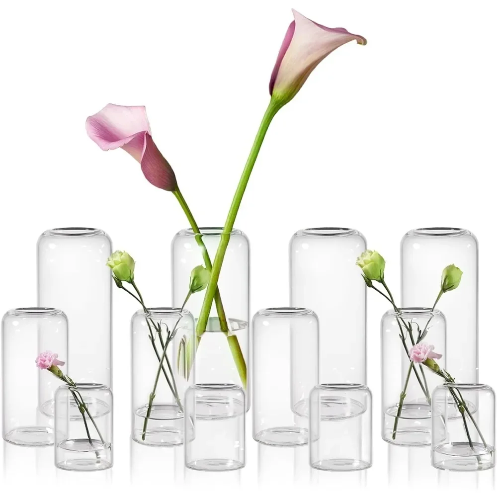 Glass Bud Vase Set of 12, Clear Small Bud Vases in Bulk for Flowers. Modern Hand Blown Cylinder Glass Vase for Wedding Rece