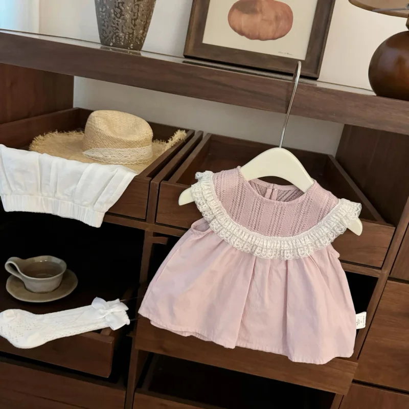 

Super energetic!Korean Baby Girl Lace Trim Doll Shirt Sweet Princess Shorts Set Trendy