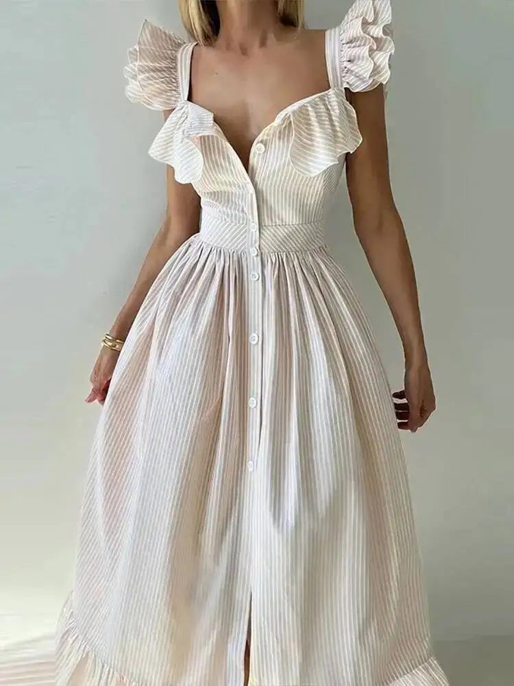 ファッショナブルなストライプフリルプリーツレディースドレスエレガントなソリッドスクエアネックシングルボタンドレス女性夏シックカジュアル9IHE