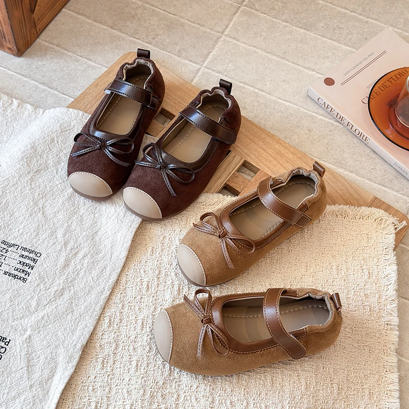 Toddler Girls Bow Mary Jane Flats Spliced Toe Adjustable Strap Soft Non‑Slip Sole Dress Shoes For Daily Casual Wear