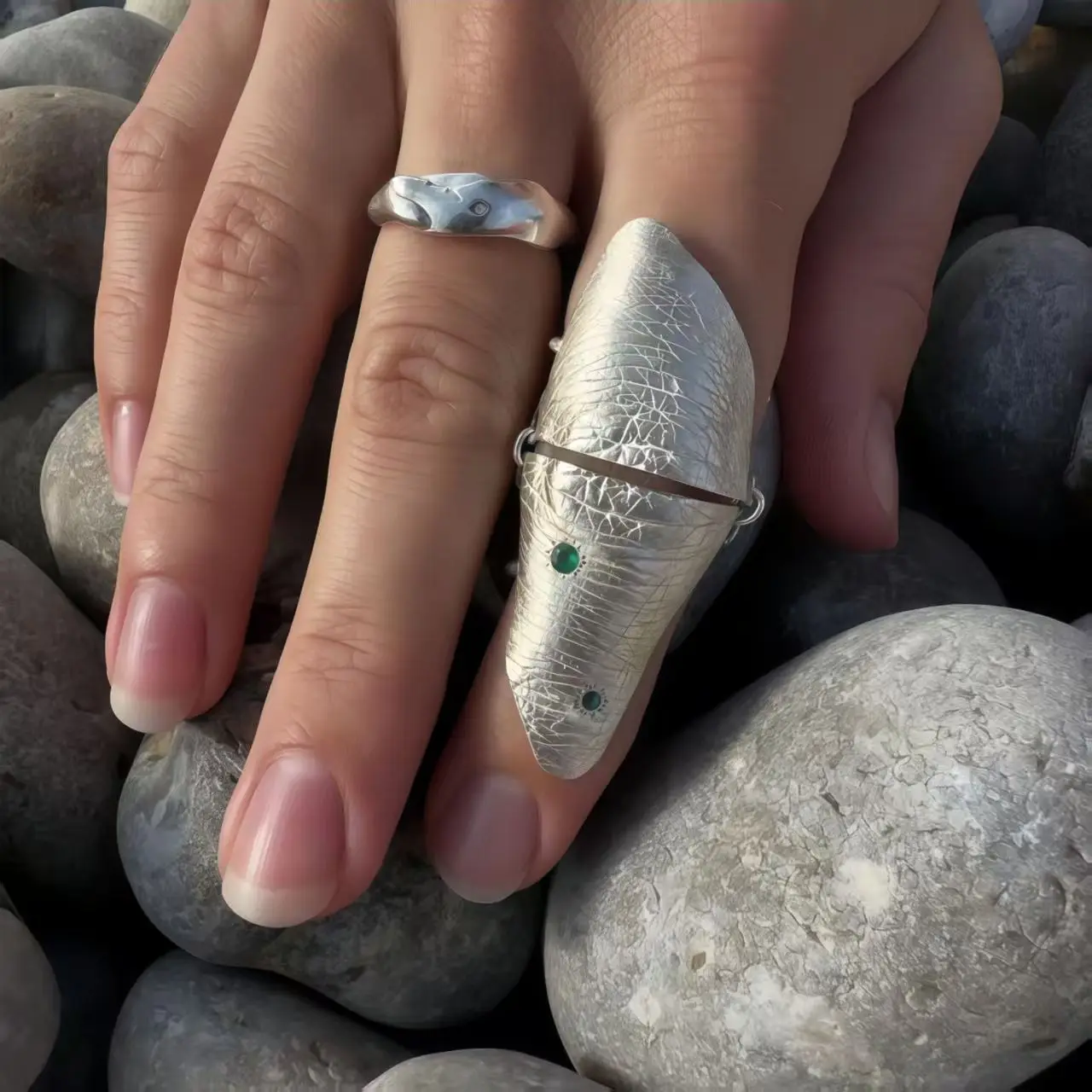 

Artistic Irregular Silver Statement Ring with Green Stone Handmade Textured Niche Design Adjustable Finger Ring Trend Jewelry