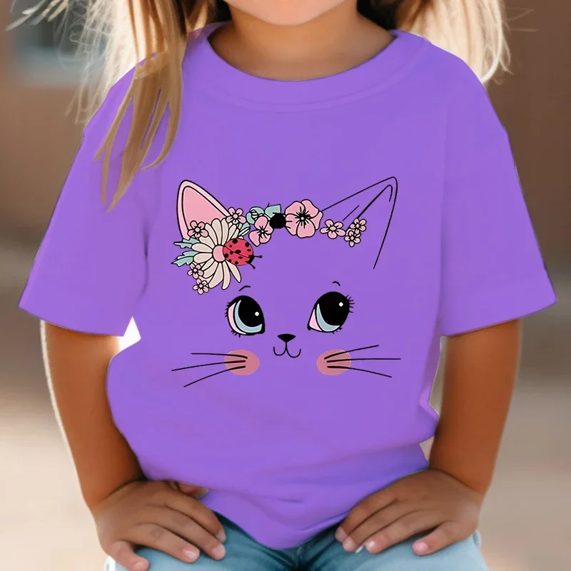 Summer Kids T Shirt Flower Cat Graphic Shirt Girls Floral Kitty Tops White Short Sleeve Wild Tee Cute Animal Cartoon Cat T-shirt