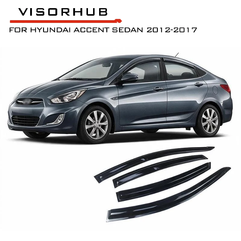 4Pcs Car Window Visor Rain Guard Deflector For Hyundai Accent Sedan 2012-2017, Smoke Sun Rain Shield Vent Shade Tape-On