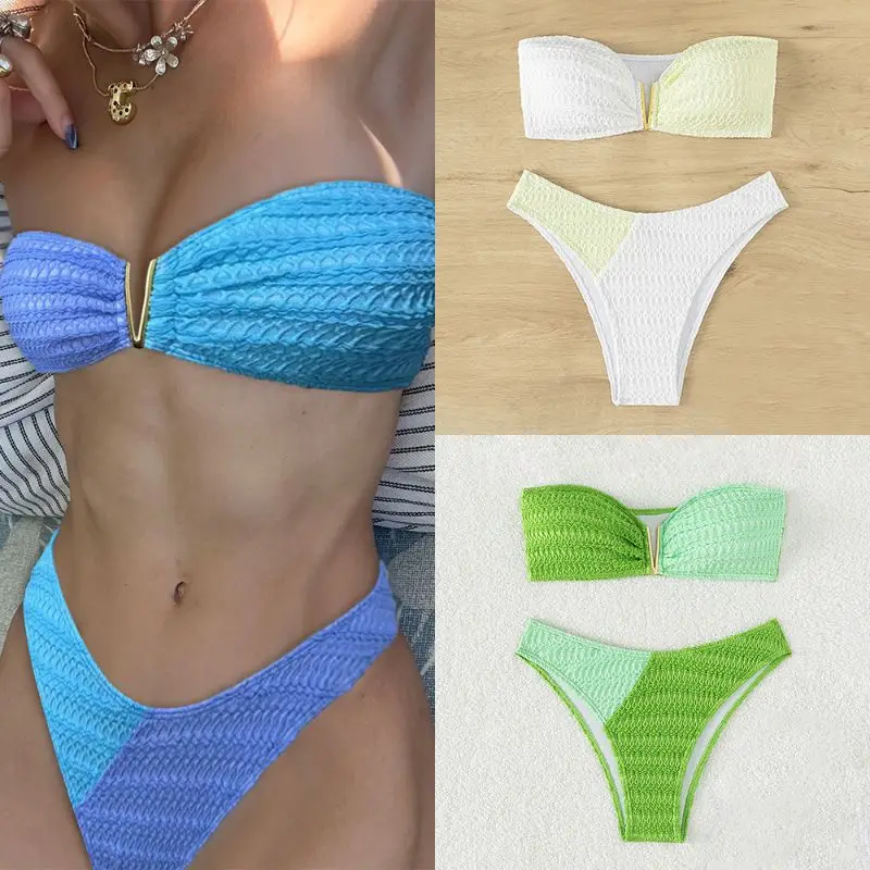 

Cikini Two-tone Halterneck Bikinis Set Special Fabric Sexy Two-Piece Swimsuit Summer Beach Swimwear Bathing Suit For Women