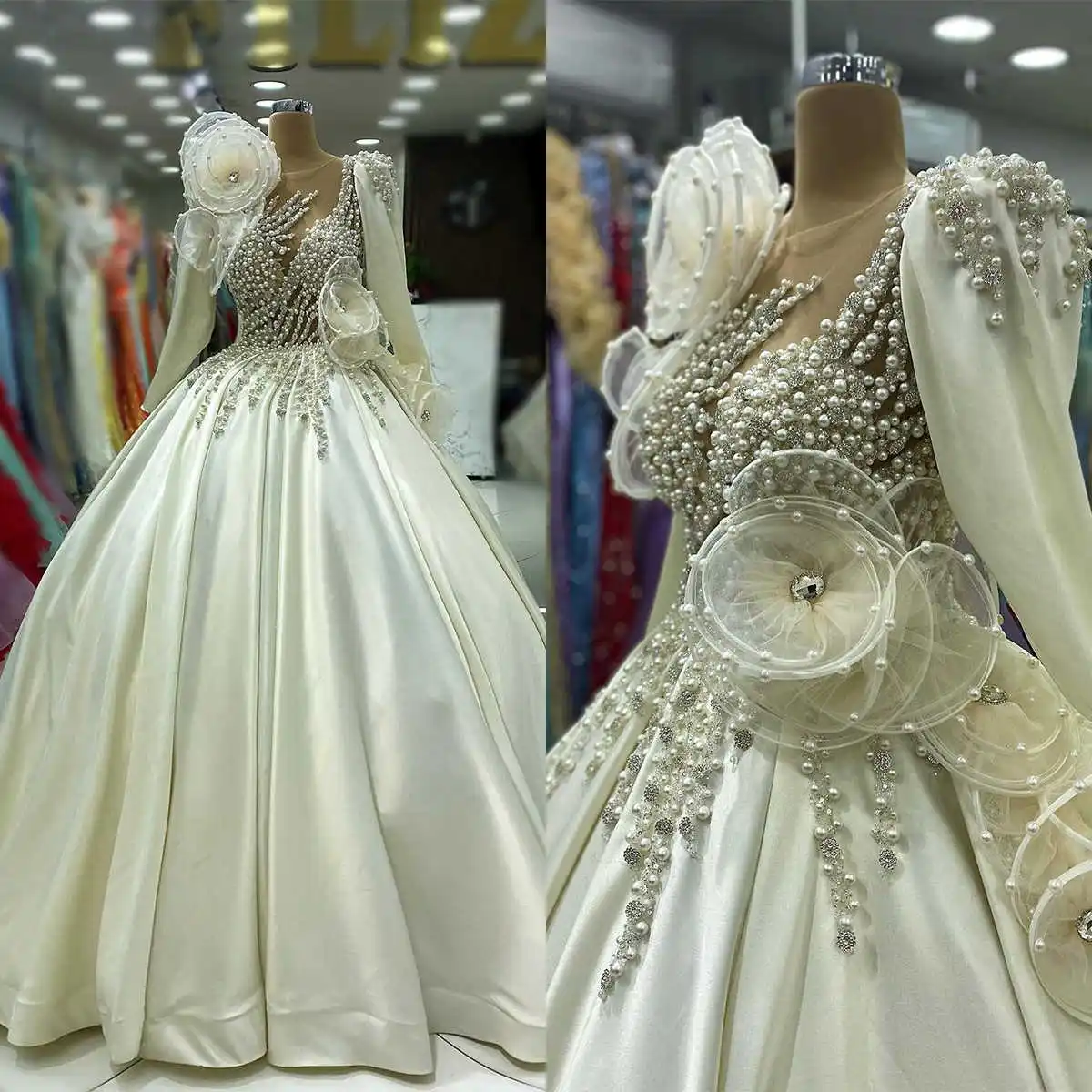 Designer Ball Gown Wedding Dresses Pearls Appliques Satin Tulle Sequins Decoration Sweep Train Bridal Customized Robe De Mariée