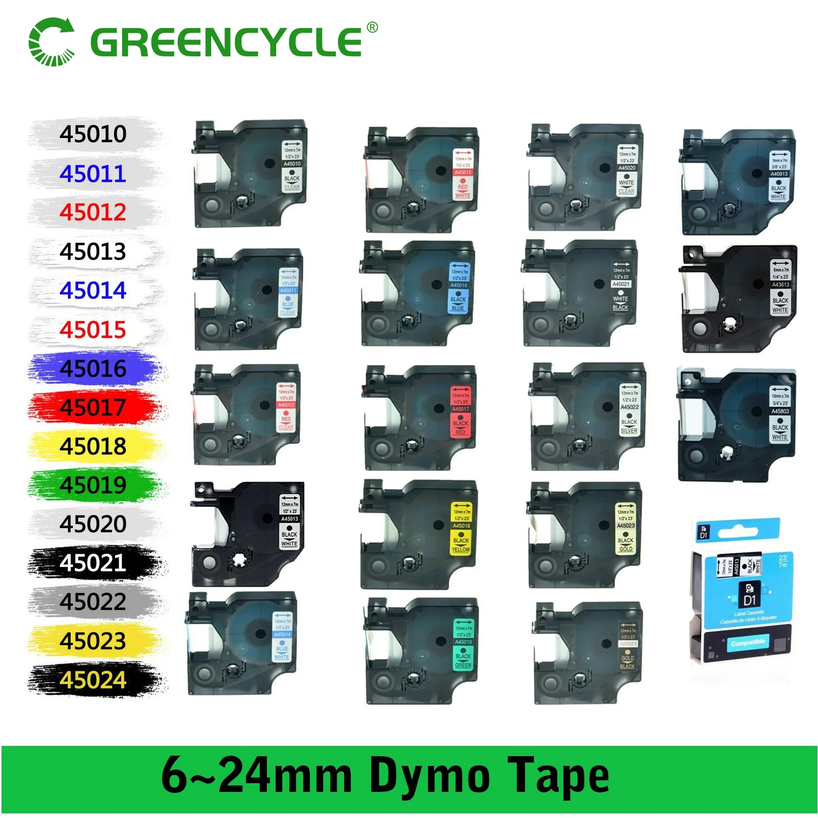 Greencycle-Cinta de etiquetas Compatible con Dymo D1, 45010, 45013, cinta para Dymo Label Manager, 100, 150, 200, 250, impresora de escritura,