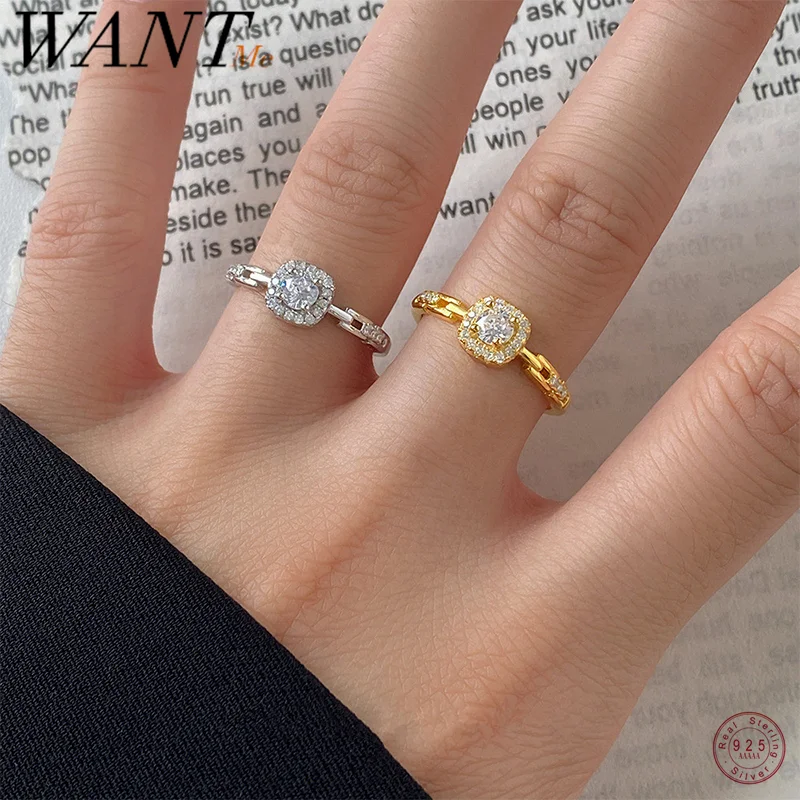 WANTME 925 Sterling Silver Luxury Shiny Square Zircon Adjustable Finger Ring for Women Gothic Link Chain Wedding Party Jewelry